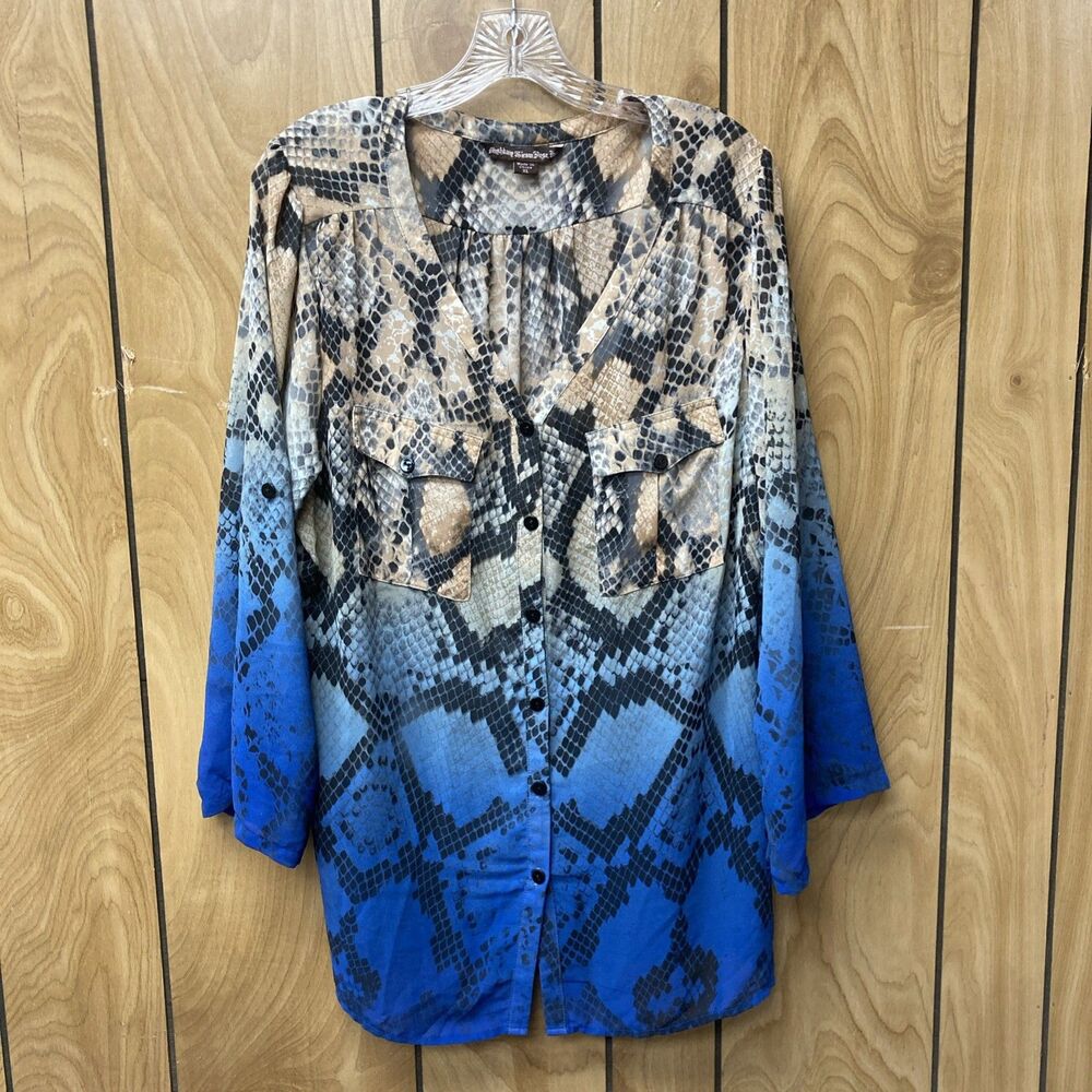 MUSHKA by SIENNE ROSE tan blue snake skin print roll tab sleeve button up top XL